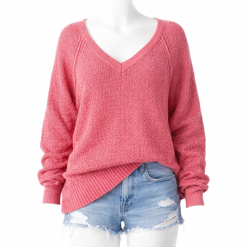 Free People Oversized V Neck Sweater Pink Slouchy Boho Knit Cozy Small